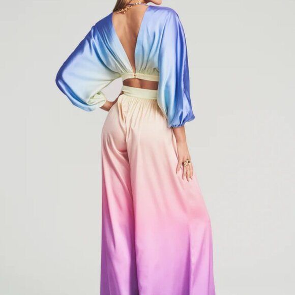 Retrofete 2-Piece Set Rainbow Sky Silk Wide Leg Pants Crop Top Set Womens Medium - Picture 2 of 14